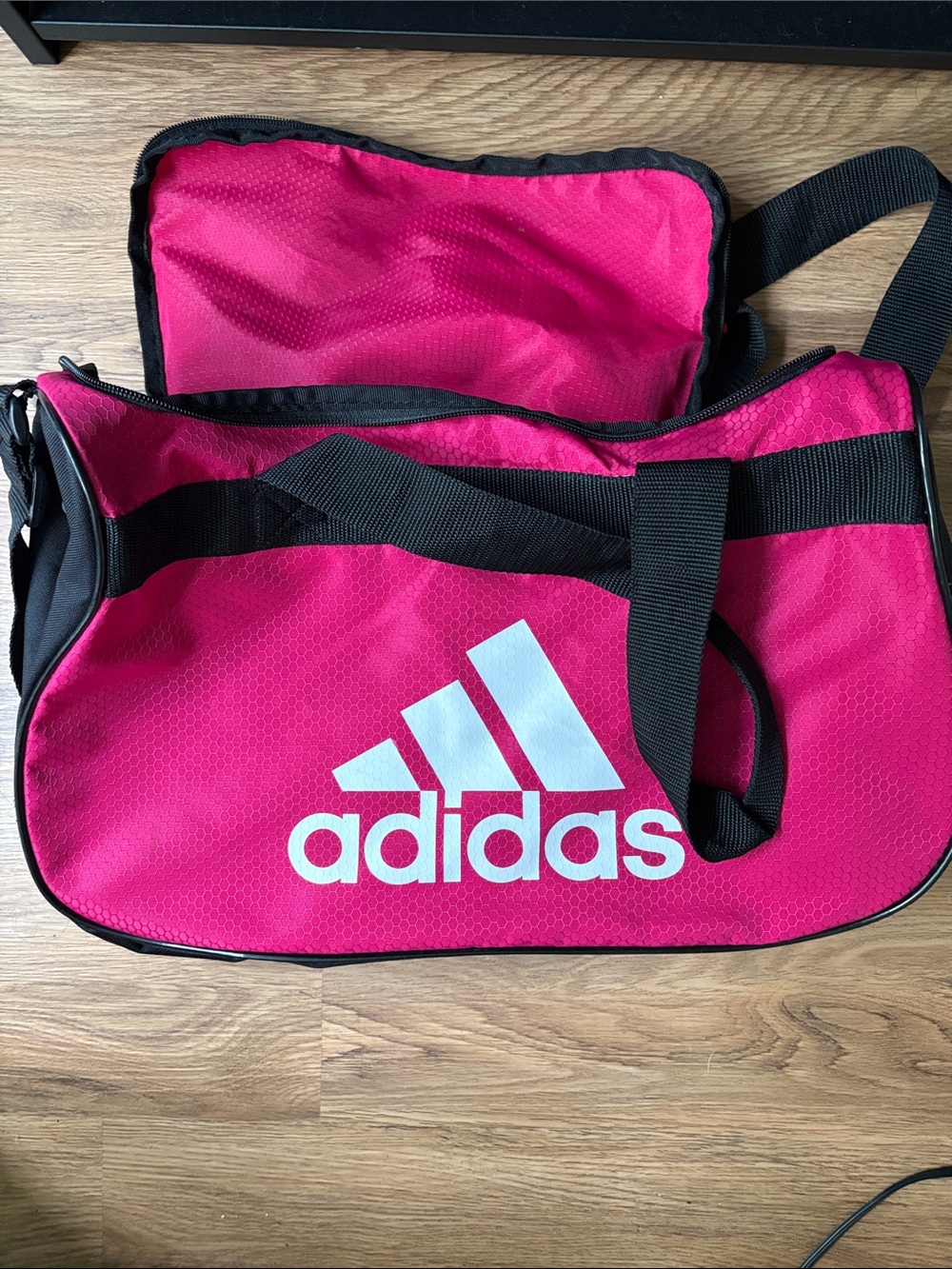 adidas Hot Pink Duffel Bag with White Logo and Black Straps